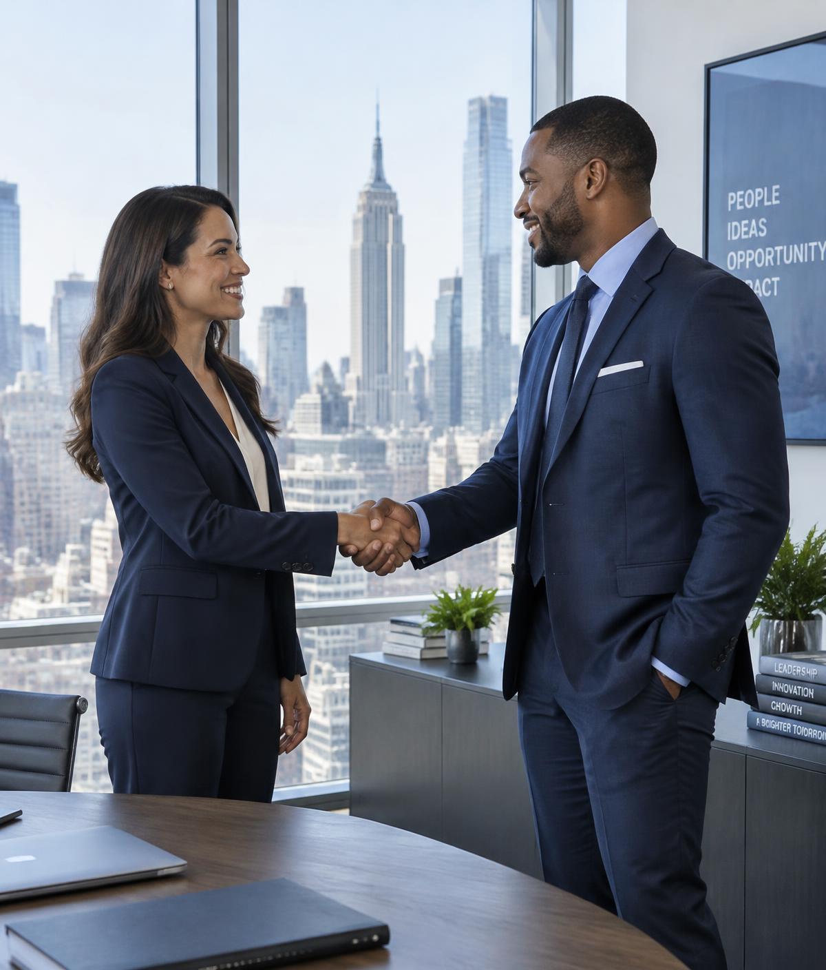Two professionals shaking hands in a New York office overlooking the city skyline