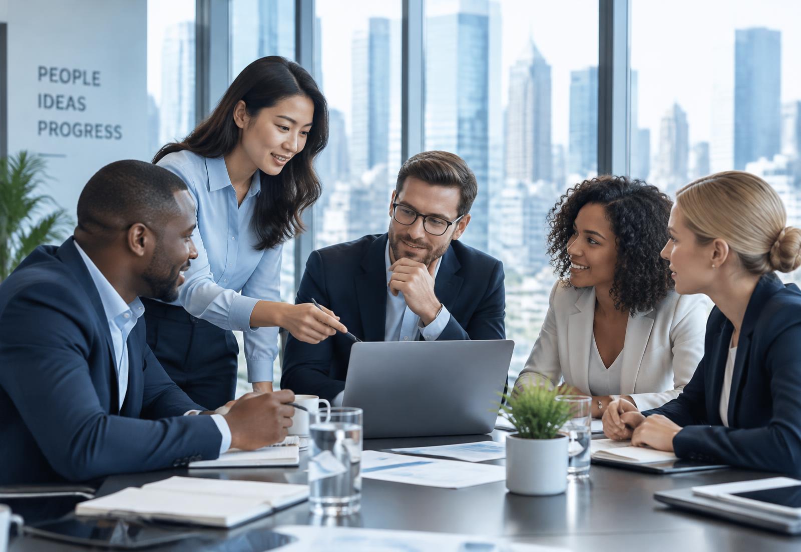 Diverse team of business professionals collaborating around a table in a modern office